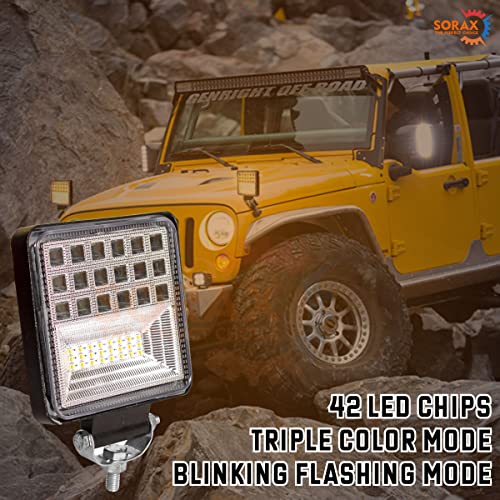 SORAX 42 LED Square Flood Light Driving Fog LIght Three Color Mode With Blinking Pattern For Car, Off Road Truck, Jeep, SUV, ATV and UTV (126W-Pack of 2Pcs) - Image 2