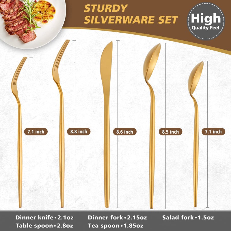 Oliviola Matte Gold Silverware Set, Oliviola 20-Piece Stainless Steel Flatware Cutlery Set Service for 4, Satin Finish Kitchen Utensil Set, Dishwasher Safe - Image 2