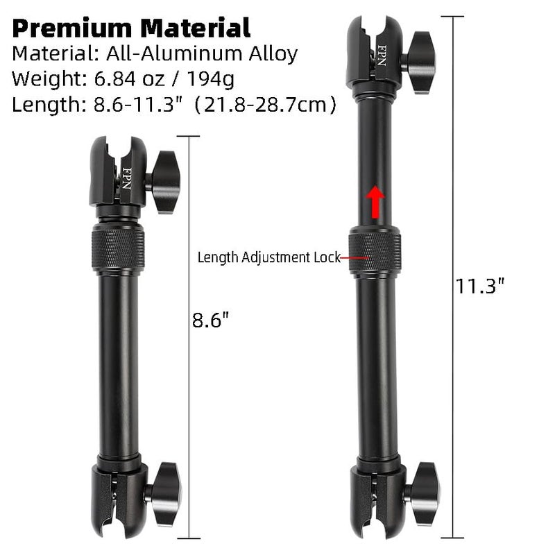 FPN All-Aluminum Extension Double Socket Arm, Adjustable Telescopic Mounting Arm 8.6 to 11.3 Inch, Compatible with RAM B Size Mounts and Other Industry Standard 1" / 25mm Ball Component - Image 2