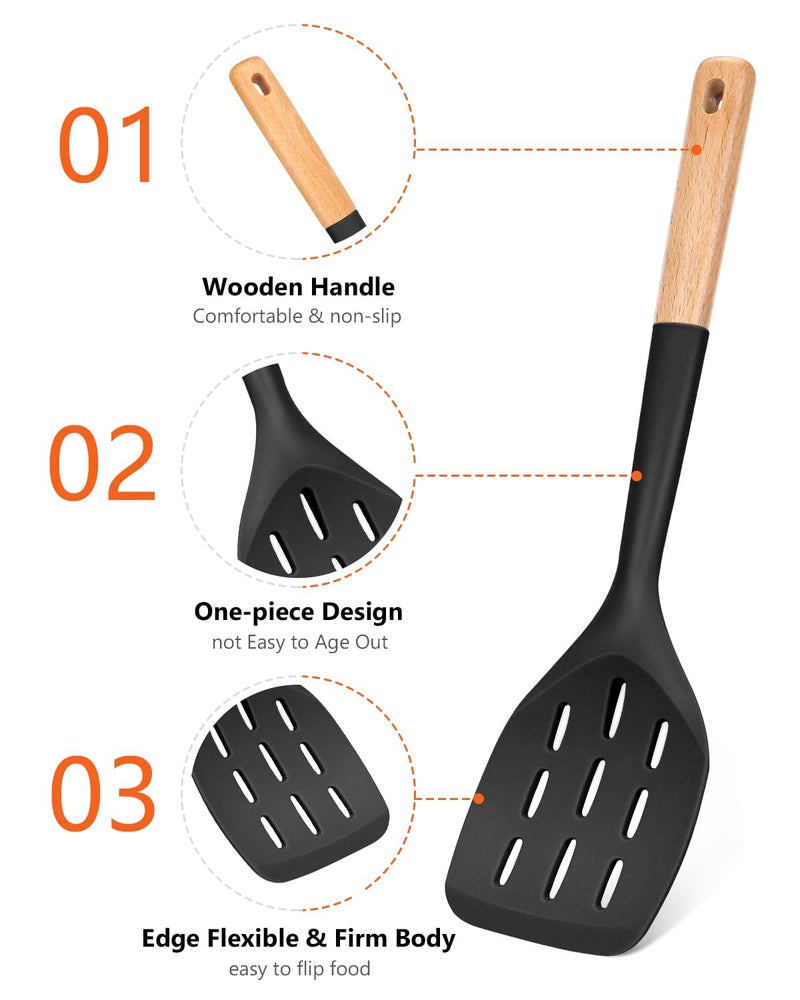 Badiano Pack of 3 Silicone Spatula, Non Stick Cooking Utensil Set, Wooden Handle Kitchen Turner for Baking Mixing Grilling Serving Food Heat Resistant, Black - Image 3