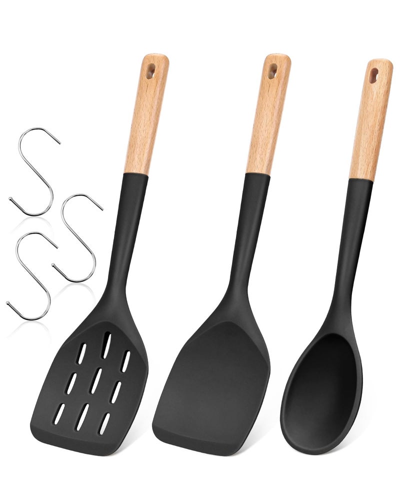 Badiano Pack of 3 Silicone Spatula, Non Stick Cooking Utensil Set, Wooden Handle Kitchen Turner for Baking Mixing Grilling Serving Food Heat Resistant, Black - Image 1
