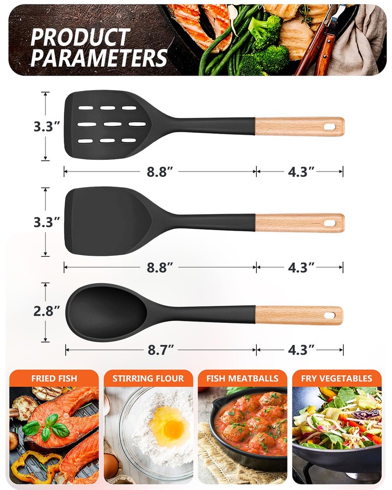 Badiano Pack of 3 Silicone Spatula, Non Stick Cooking Utensil Set, Wooden Handle Kitchen Turner for Baking Mixing Grilling Serving Food Heat Resistant, Black - Image 2