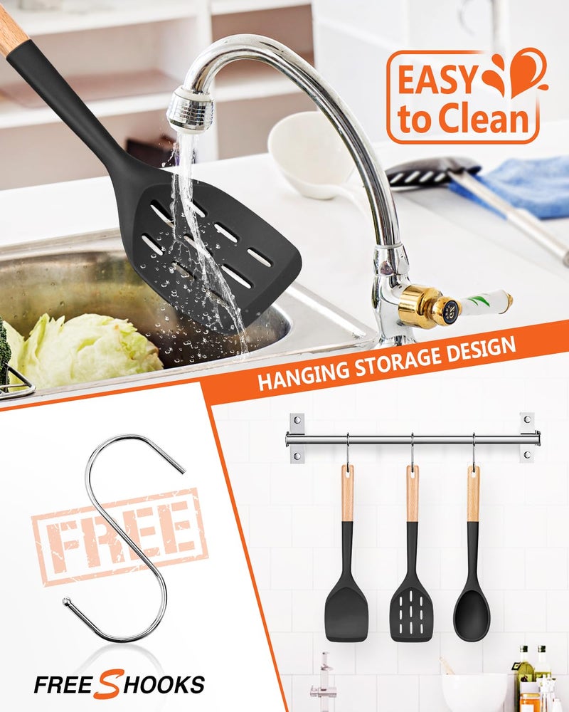 Badiano Pack of 3 Silicone Spatula, Non Stick Cooking Utensil Set, Wooden Handle Kitchen Turner for Baking Mixing Grilling Serving Food Heat Resistant, Black - Image 4