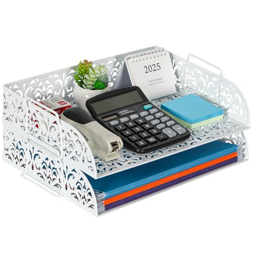 EasyPAG Paper Organizer for Desk 2 Tier Stackable Paper Tray for A4 Legal Size Folders Metal File Storage Desktop Organizer for Home Office School Teacher, White - Image 1