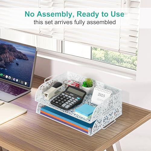 EasyPAG Paper Organizer for Desk 2 Tier Stackable Paper Tray for A4 Legal Size Folders Metal File Storage Desktop Organizer for Home Office School Teacher, White - Image 2