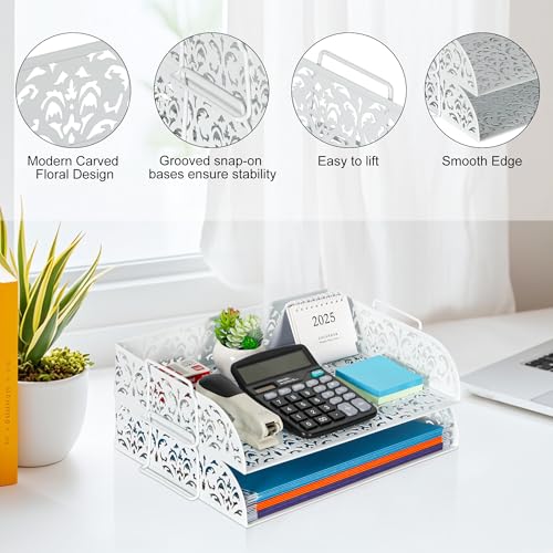 EasyPAG Paper Organizer for Desk 2 Tier Stackable Paper Tray for A4 Legal Size Folders Metal File Storage Desktop Organizer for Home Office School Teacher, White - Image 3
