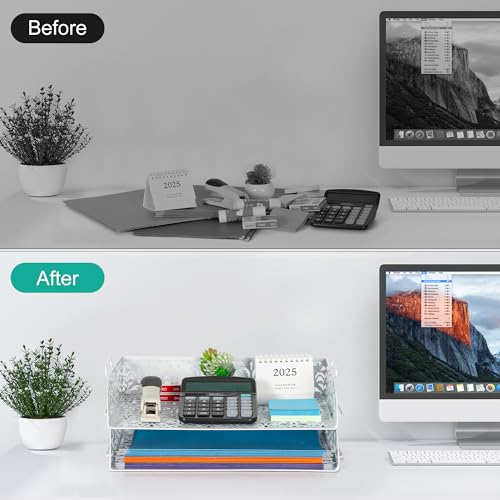 EasyPAG Paper Organizer for Desk 2 Tier Stackable Paper Tray for A4 Legal Size Folders Metal File Storage Desktop Organizer for Home Office School Teacher, White - Image 5