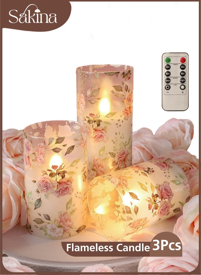 Sakina 3Pcs Flameless LED Candles with Remote and Timer, Battery Operated Pink Rose Glass Candles, Flickering Real Wax Pillar Candles, Romantic Decor for Ramadan, Wedding, Birthday, Valentine’s Day, Mother’s Day Gifts (Pink) - Image 2