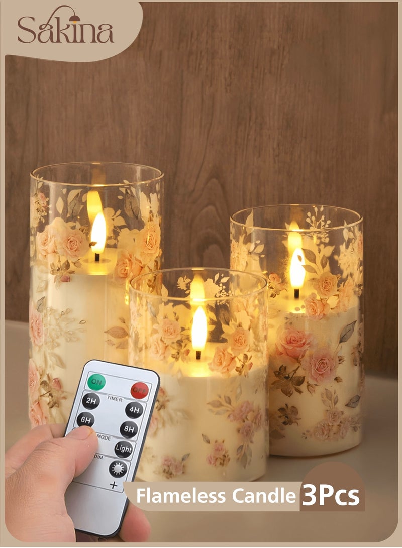 Sakina 3Pcs Flameless LED Candles with Remote and Timer, Battery Operated Pink Rose Glass Candles, Flickering Real Wax Pillar Candles, Romantic Decor for Ramadan, Wedding, Birthday, Valentine’s Day, Mother’s Day Gifts (Pink) - Image 1