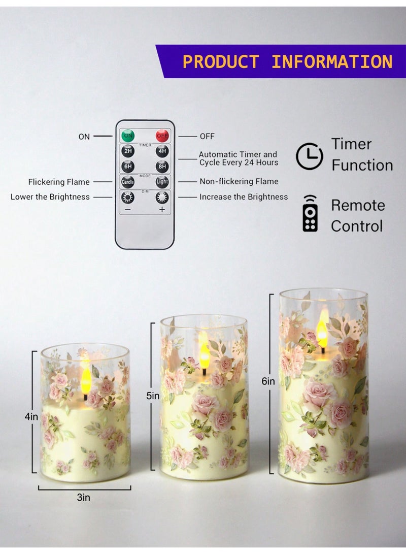 Sakina 3Pcs Flameless LED Candles with Remote and Timer, Battery Operated Pink Rose Glass Candles, Flickering Real Wax Pillar Candles, Romantic Decor for Ramadan, Wedding, Birthday, Valentine’s Day, Mother’s Day Gifts (Pink) - Image 4