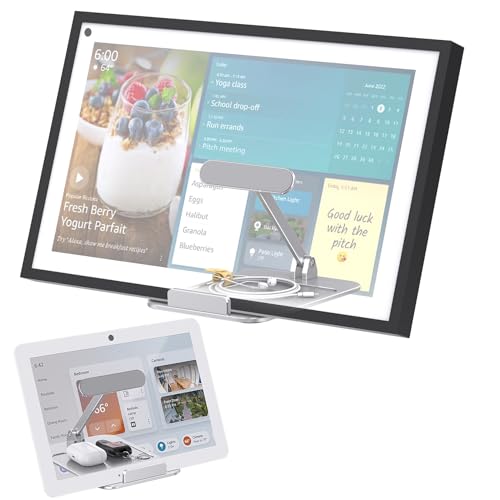 Laivli Tilt Stand Compatible with Echo Show 15 (1st, 2nd Gen) and Echo Hub, Easy Switch Device from Portrait to Landscape, No Need Mounting, Foldable Show 15 Stand with Tray Organizer, Silver - Image 1