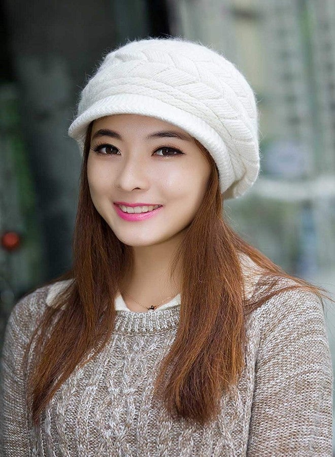 Zeki Girl's Winter Warm Knit Hat Wool Snow Ski Caps with Visor(White,Free Size) - Image 4