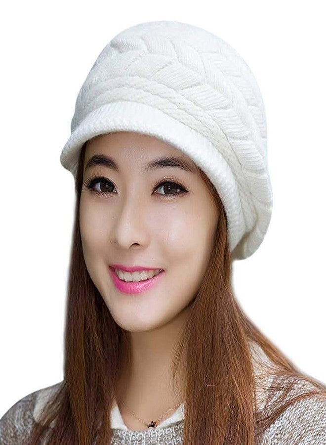 Zeki Girl's Winter Warm Knit Hat Wool Snow Ski Caps with Visor(White,Free Size) - Image 1