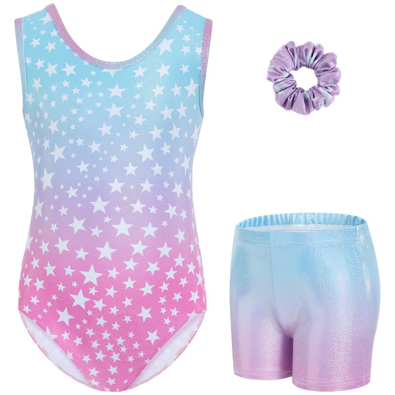 Gogokids Gymnastics Leotards for Girls Sparkly Rhinestone Dance Unitards Biketards with Shorts Activewear, Multicolor Star, 6-7 Years - Image 1