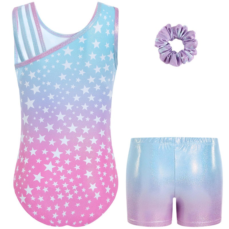 Gogokids Gymnastics Leotards for Girls Sparkly Rhinestone Dance Unitards Biketards with Shorts Activewear, Multicolor Star, 6-7 Years - Image 2