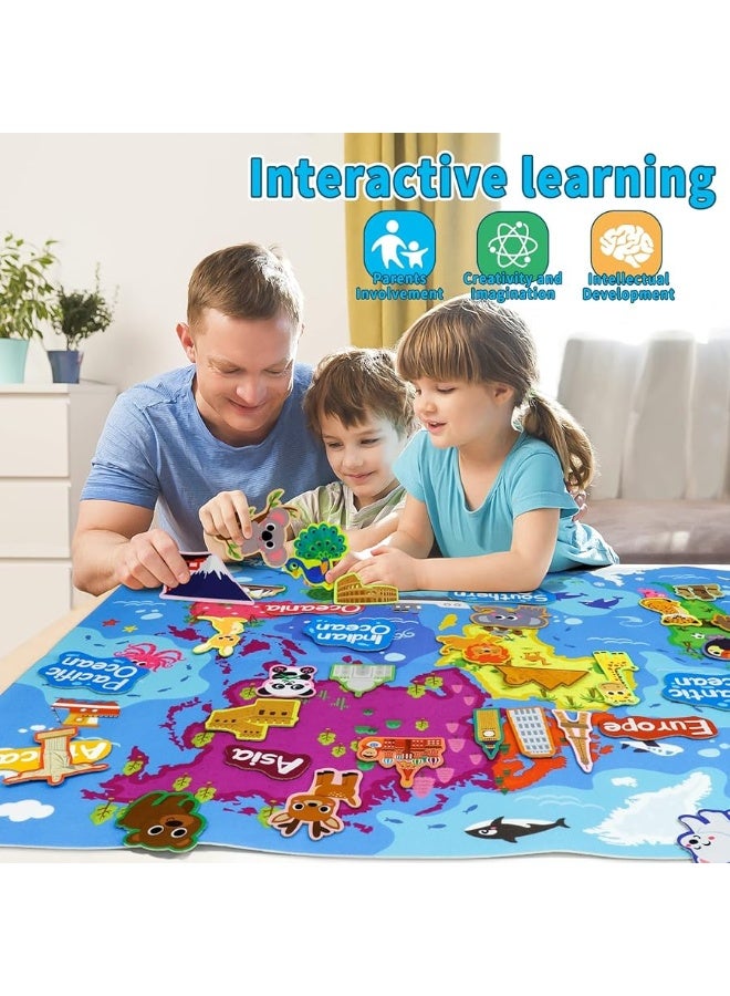 Taika World Felt Set, Felt World Map with World Famous Sights, Educational Play Mat Flannel Board Set, 43x28 inch Preschool Learning Flannel Board - Image 1