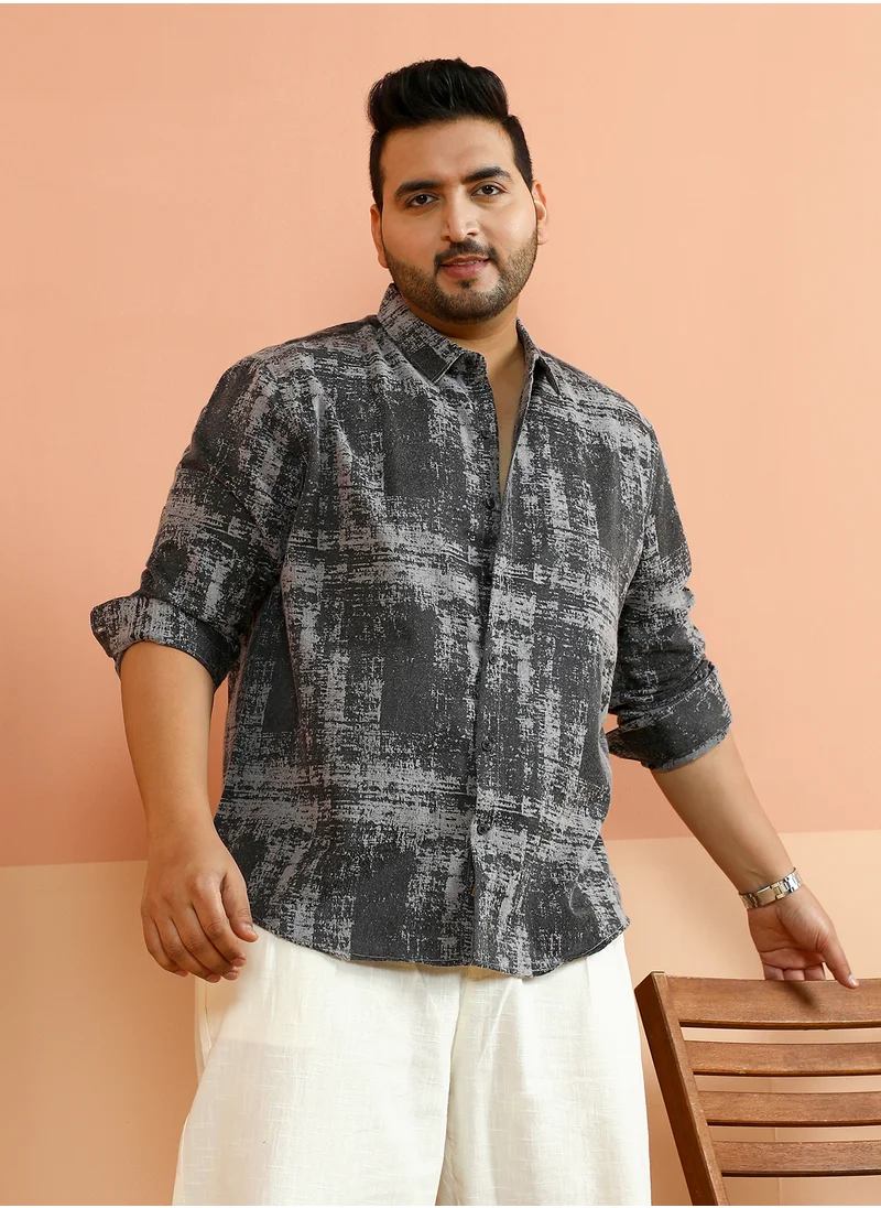 انستافاب بلس Instafab Plus Men's Moon Grey & Onyx Black Misty-Woven Shirt For Casual Wear | Spread Collar | Long Cuffed Sleeves | Button Closure | Plus Size Shirt Crafted With Comfort Fit For Everyday Wear