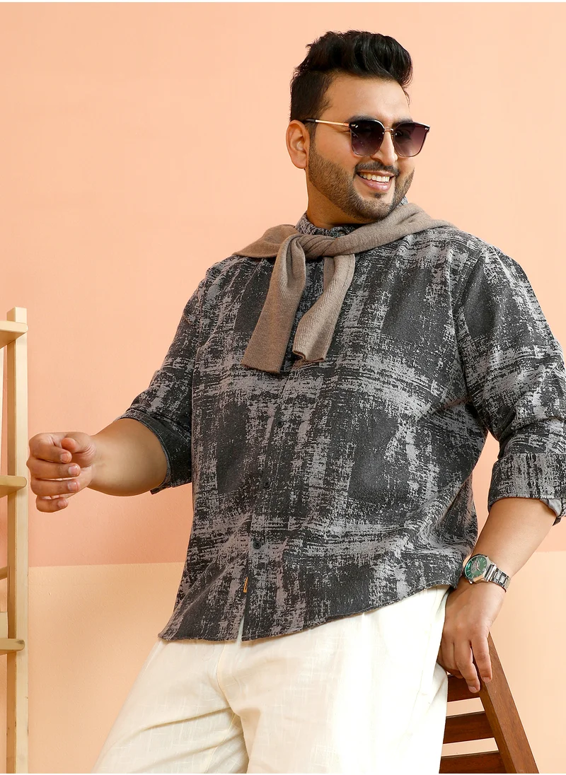 انستافاب بلس Instafab Plus Men's Moon Grey & Onyx Black Misty-Woven Shirt For Casual Wear | Spread Collar | Long Cuffed Sleeves | Button Closure | Plus Size Shirt Crafted With Comfort Fit For Everyday Wear