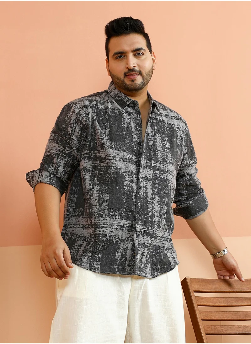انستافاب بلس Instafab Plus Men's Moon Grey & Onyx Black Misty-Woven Shirt For Casual Wear | Spread Collar | Long Cuffed Sleeves | Button Closure | Plus Size Shirt Crafted With Comfort Fit For Everyday Wear