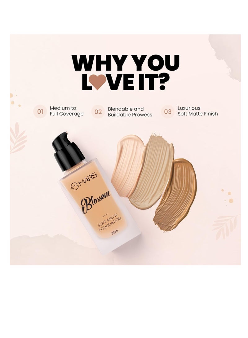 مارس لوشن أساس تغطية كاملة ناعم مطفأ اللمعة من بلوسوم لجميع أنواع البشرة، قابل للمزج والبناء، قاعدة تغطية كاملة خالية من العيوب لمكياج الوجه عاجي - Image 2