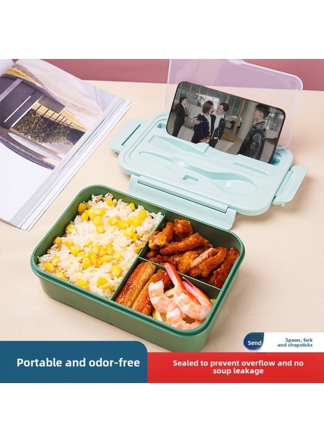 Student Plastic Compartment Lunch Box With Fork Spoon Chopsticks Office Worker Lunch Box Adult Portable Sealed Lunch Box Gift-Specifications:Dark Blue Yellow (with Stainless Steel Chopsticks Spoon Fork)  - Image 3