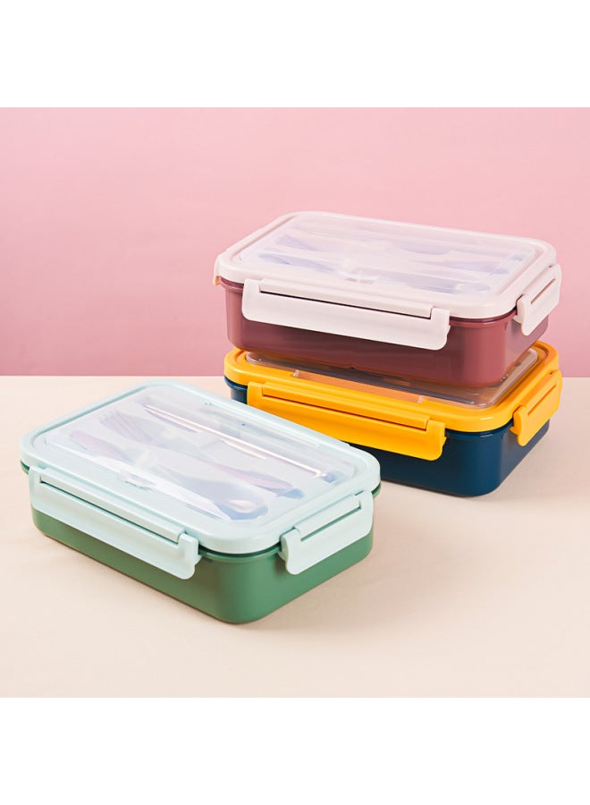 Student Plastic Compartment Lunch Box With Fork Spoon Chopsticks Office Worker Lunch Box Adult Portable Sealed Lunch Box Gift-Specifications:Dark Blue Yellow (with Stainless Steel Chopsticks Spoon Fork)  - Image 5
