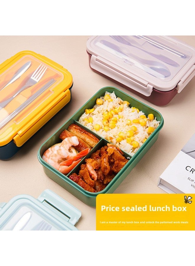 Student Plastic Compartment Lunch Box With Fork Spoon Chopsticks Office Worker Lunch Box Adult Portable Sealed Lunch Box Gift-Specifications:Dark Blue Yellow (with Stainless Steel Chopsticks Spoon Fork)  - Image 2