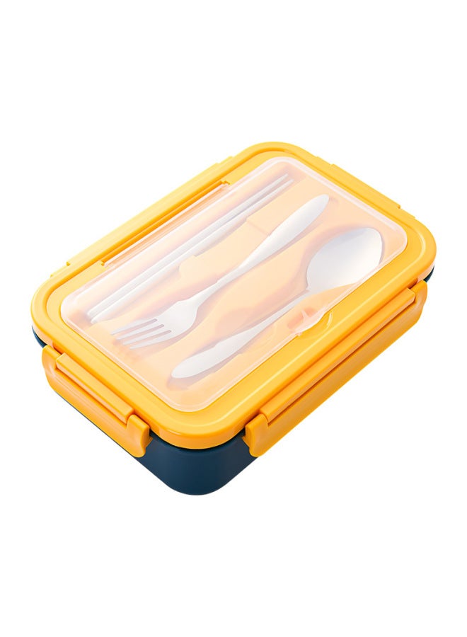 Student Plastic Compartment Lunch Box With Fork Spoon Chopsticks Office Worker Lunch Box Adult Portable Sealed Lunch Box Gift-Specifications:Dark Blue Yellow (with Stainless Steel Chopsticks Spoon Fork)  - Image 1