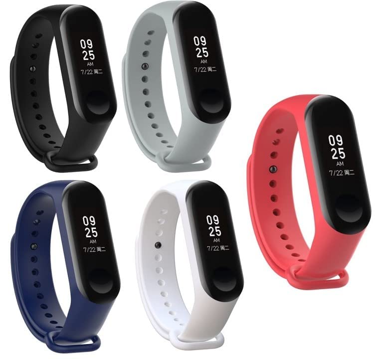 INEFABLE Mi Band 3 and 4 Straps Original for Mi Band M3 and M4 Wristband Strap Soft Silicone Adjustable Band Strap-Black-Blue-Red-White-Light Grey-Pack of 5 - Image 1