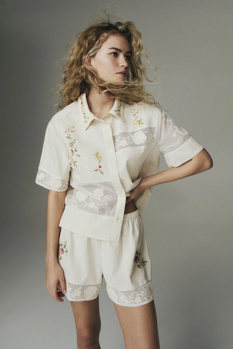 اتش اند ام شورت بيجاما من نسيج الكتان