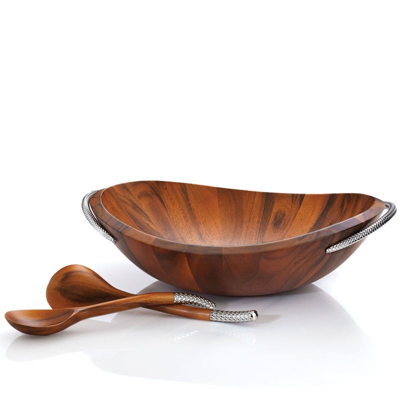 Nambe Nambe Braid Salad Bowl with Servers  3Piece Set  Large Wooden Serving Bowl for Caesar Salad Large Salads  Big Salad Bowl with Serving Utensils  Made of Chrome  Acacia Wood 20 L x 16 W 