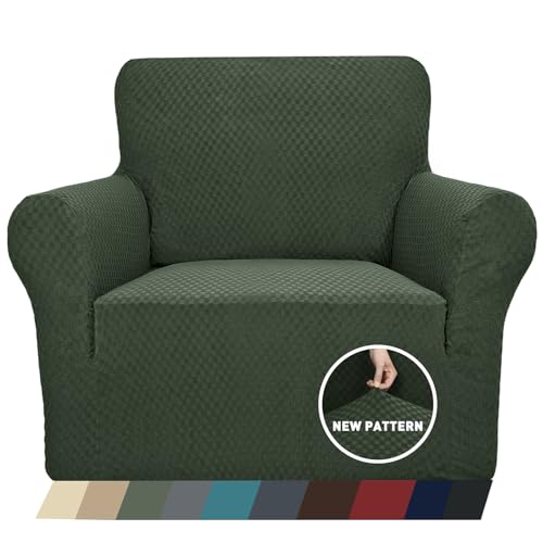 ZNSAYOTX 1 Piece Jacquard Chair Slipcovers for Living Room High Stretch Chair Covers with Arms Anti Slip Pets Friendly Couch Sofa Armchair Cover Furniture Protector Chair Army Green