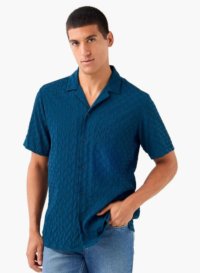 Splash FAV Regular Fit Dobby Textured Shirt with Camp Collar and Short Sleeves