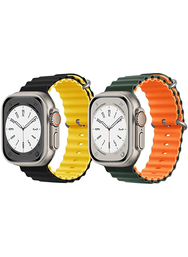 IAF Silicone Ocean Band Strap for Apple Watch Ultra 8 49mm Black/Yellow Double Side Strap with Green/Orange Double Side Strap Set of 2
