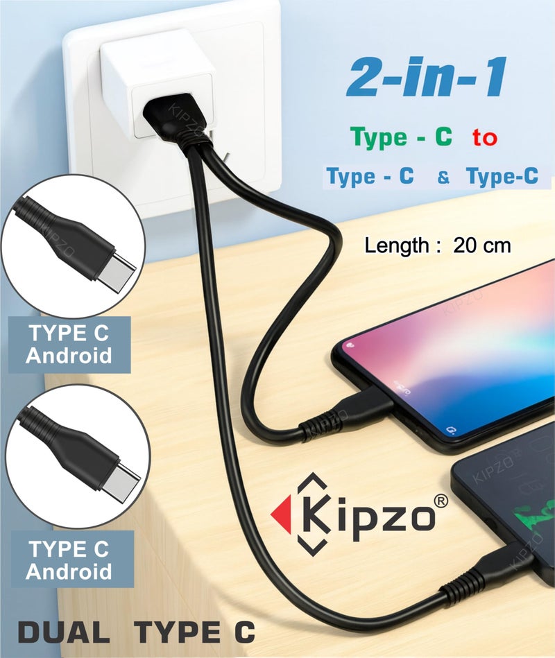 KIPZO® Black Type c to Dual C power bank cable 2 in 1 USB-C splitter charger for galaxy short mini android iph 16 pro Duo multi charging oneplus samsung (Not for DATA Transfer) 20 cm upto 2.1 A max - Image 2