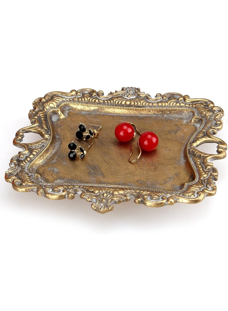 Vintage Gold Small Jewelry Tray Engagement Wedding Rustic Ring Dish Plate Antique Earring Necklace Tray Cute Trinket Dish Gift Decorative Little Jewelry Display Trays - Image 1