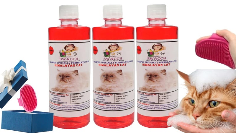 Swacch Himalayan Cat Shampoo -500ml (Pack of 3) (Strawberry) + Bath Brush with Adjustable Straps Combo Pack - Image 1