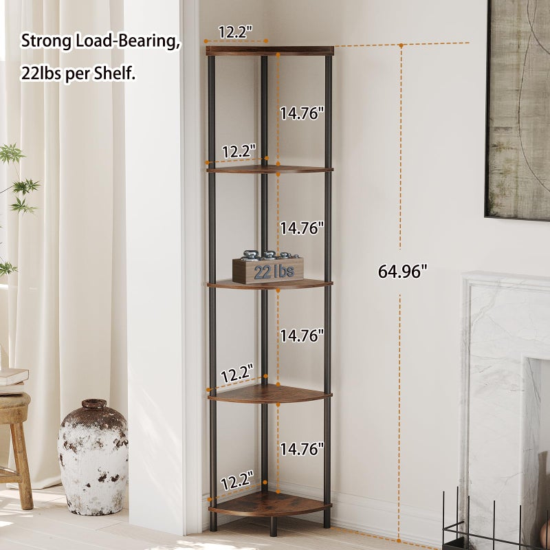SUNMORY 5 Tier Corner Shelf Stand,Industrial 65" Corner Shelves Display Shelf for Living Room Decor,Wall Corner Bookshelf Multi Unit Organizer,Tall Shelf Plant Stand for Bedroom,Bathroom,Small Space - Image 2