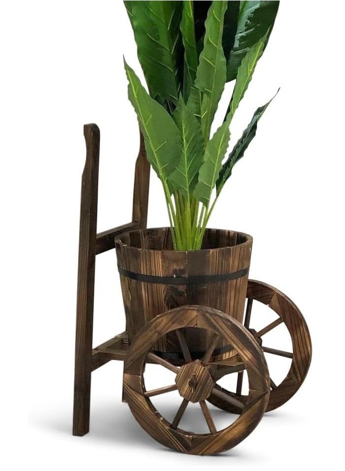 LINGWEI Wooden Flower Pot Rustic Style Wooden Planter with Two Wheels Flower Bucket Wooden Garden Flower Stand Garden Decoration Item Flower Basket For Indoor Outdoor - Image 2