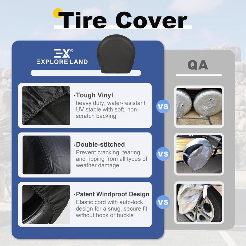 RUTU Explore Land Tire Cover for Jeep, Truck, SUV, Trailer, Camper, RV - Tough Wheel Protector, Universal Fit, 4 Pack (XXL, Fits Tire Diameters 35''-38.75'', Black) - Image 2