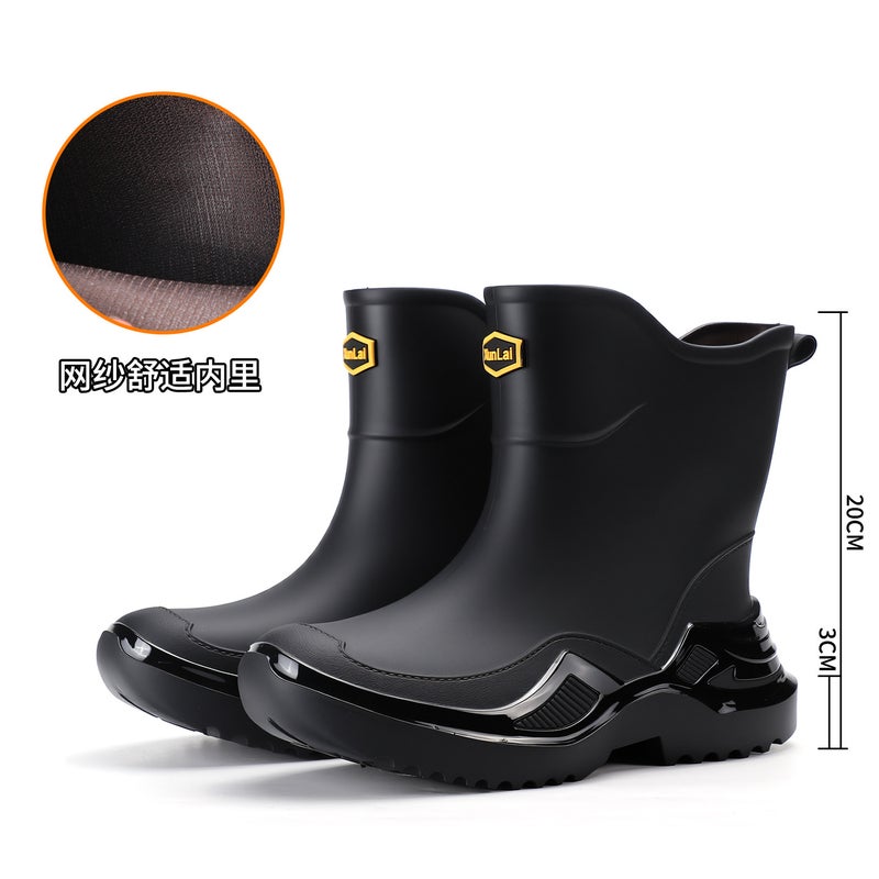 Korean Style Classic Black Non-Slip Men'S Rubber Shoes Rain Boots Short-Tube Sports Water Boots Widened And Thickened Environmentally Friendly Water Shoes - Image 2