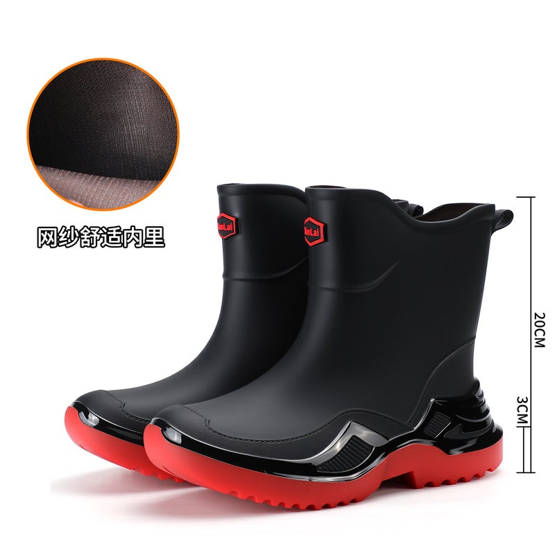 Korean Style Classic Black Non-Slip Men'S Rubber Shoes Rain Boots Short-Tube Sports Water Boots Widened And Thickened Environmentally Friendly Water Shoes - Image 1