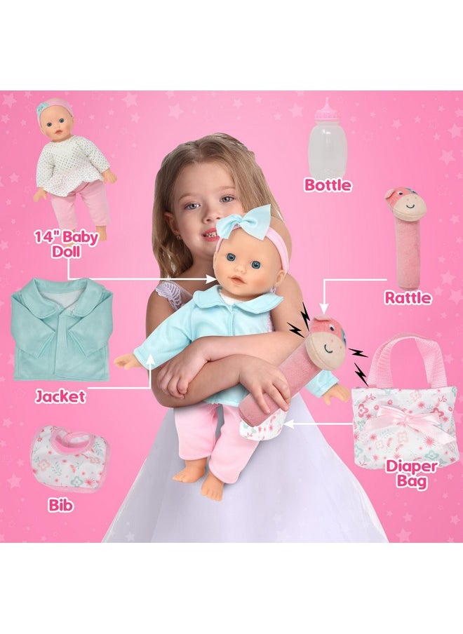 Gift Boutique - Soft Body Baby Doll With Accessories Set, 14 Inch Doll With Bottle Clothes Toy Rattle Diaper Bag And Bib For Toddlers Girls Age 2 3 4 5 Years - Image 1