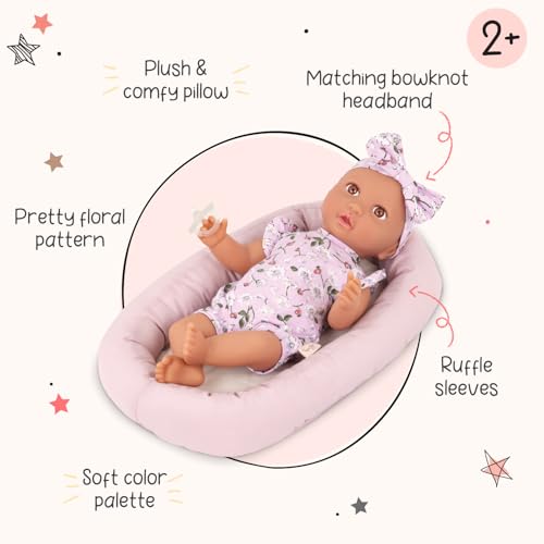 LullaBaby – 14-Inch Realistic Baby Doll – Brown Eyes & Soft Body – Clothing Floral Sleeper, Headband & Pacifier – Plush Bassinet Bed – Pretend Play 2+ Years – Floor Pillow Set - Image 2