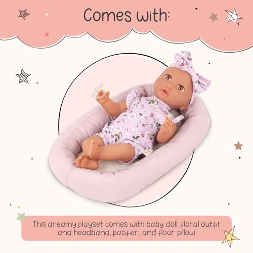 LullaBaby – 14-Inch Realistic Baby Doll – Brown Eyes & Soft Body – Clothing Floral Sleeper, Headband & Pacifier – Plush Bassinet Bed – Pretend Play 2+ Years – Floor Pillow Set - Image 3