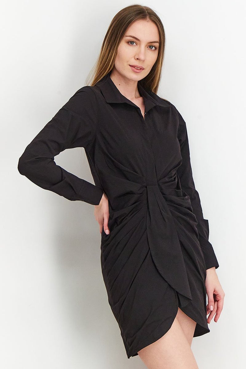 The Giving Movement Women Long Sleeve Rouched Shirt Dress, True Black - Image 1