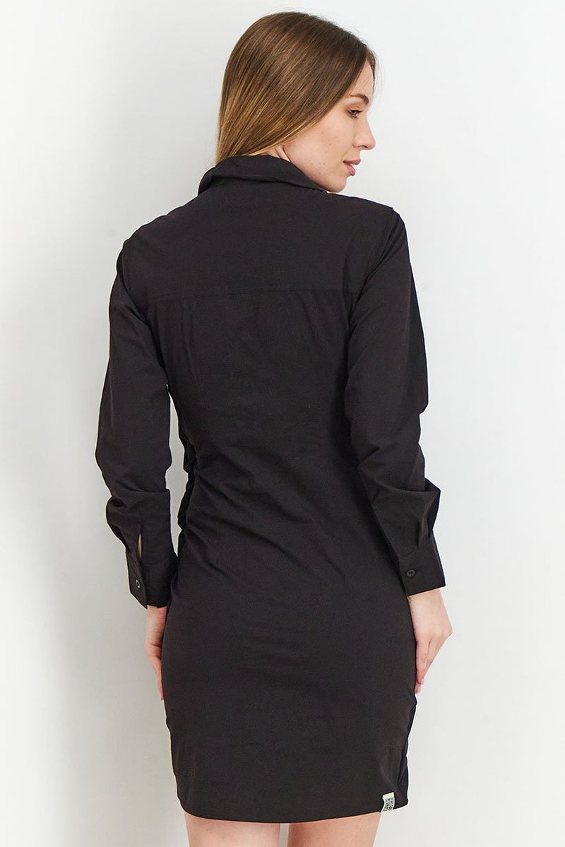 The Giving Movement Women Long Sleeve Rouched Shirt Dress, True Black - Image 3