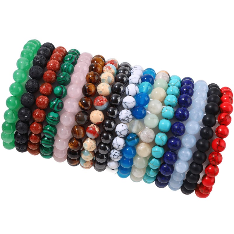 FIRAZIO 16PCS Semi-Precious Gemstone Bracelet - Crystal Stone Beaded Bracelets for Women Men 8mm Round Beaded Stretch Bracelets Unisex Yoga Bracelets Gifts (16Pcs) - Image 1