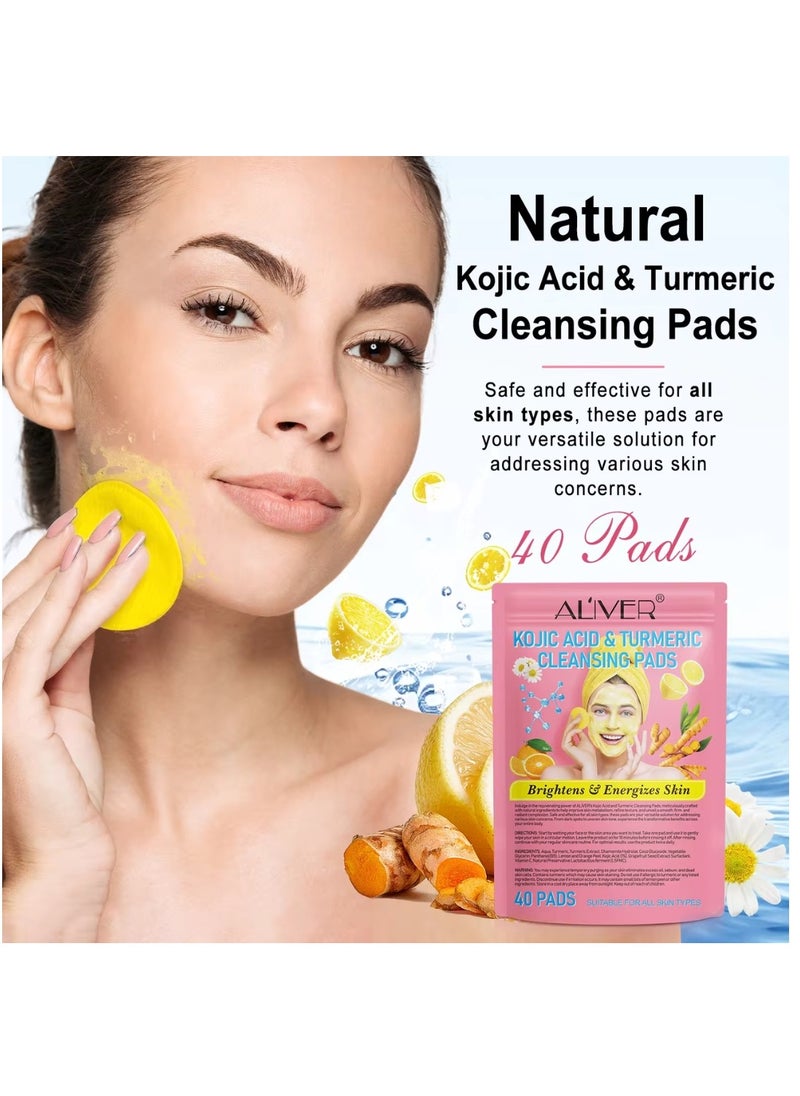 ALIVER - 80 Pcs(Two Packs) Kojic Acid & Turmeric Cleansing Pads for Dark Spots Turmeric Kojic Acid Cleansing Pads Helps Balance Skin Oil & Water Fade Spot Remove Excess Keratin Clean Oil Refines Pores - Image 1