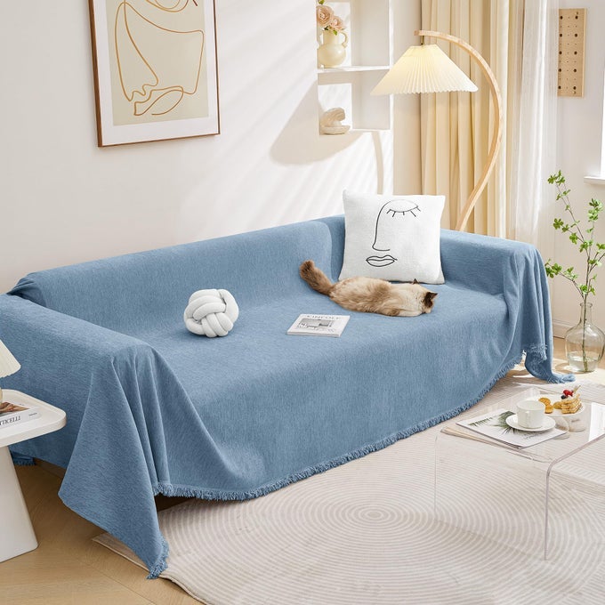 WASHABLE CHENILLE SOFA COVER COUCH COVER FOR 2 CUSHION L SHAPE SOFA RECLINER SOFA SLIPCOVERS WITH TASSEL THICK COUCH PROTECTOR 71 X 118 BLUE